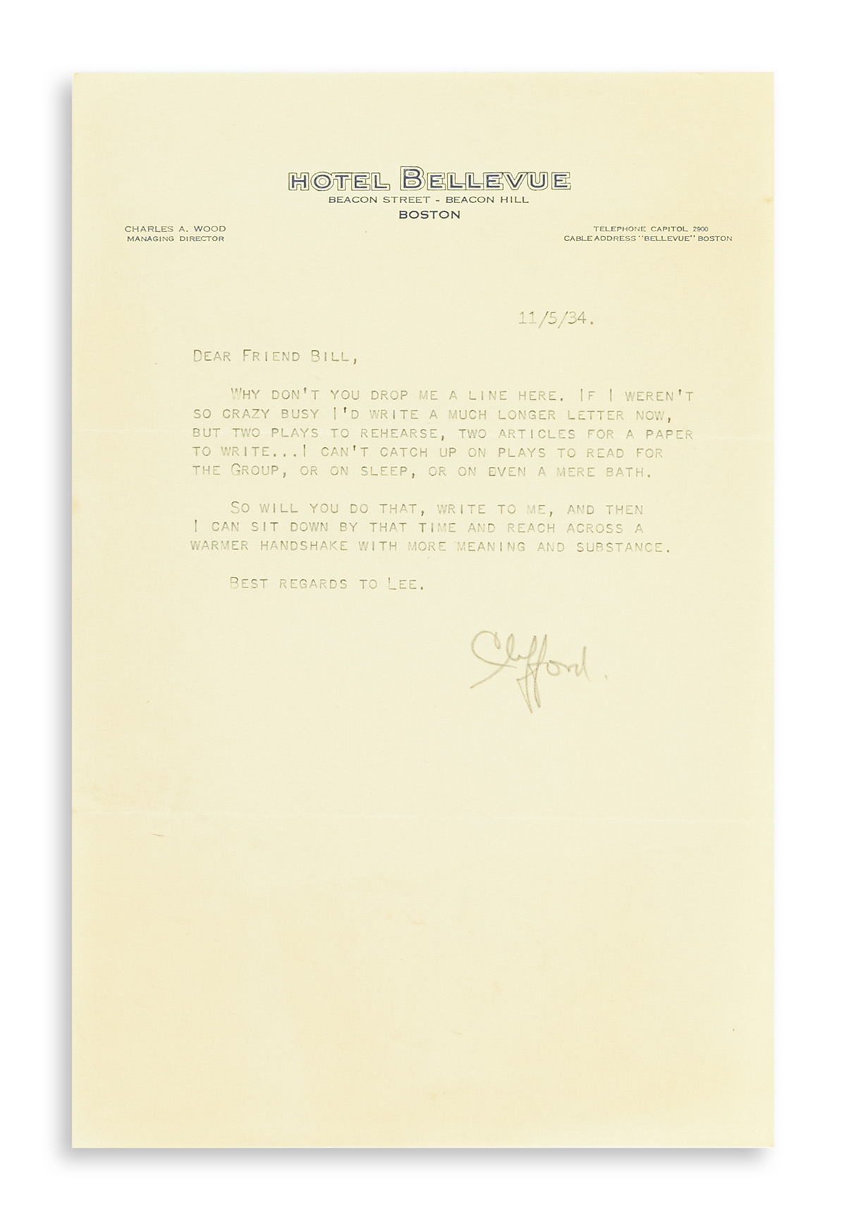 ODETS, CLIFFORD. Small archive of 13 items Signed, Clifford or in full, to editor William Kozlenko, including 6 Autograph Letters, 7